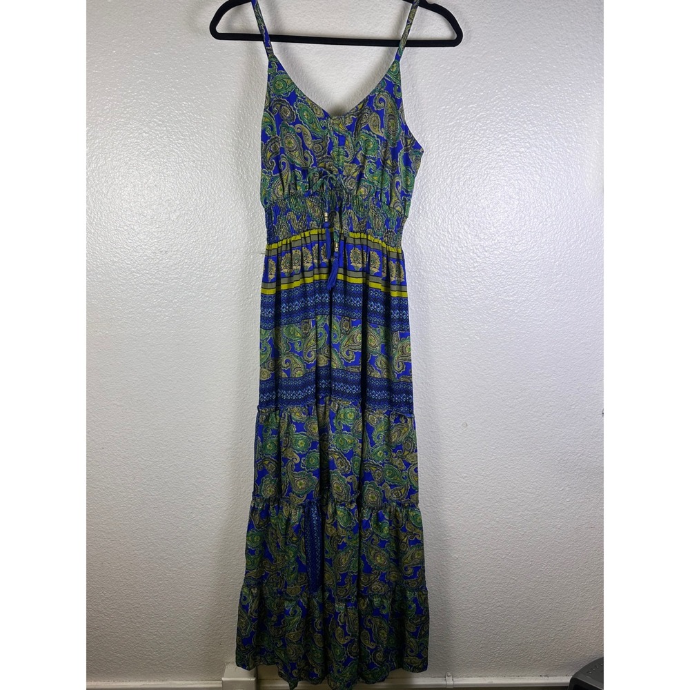 Me 2 Magic Blue Green Paisley Cotton Tiered Maxi Dress Womens Large Boho Smocked